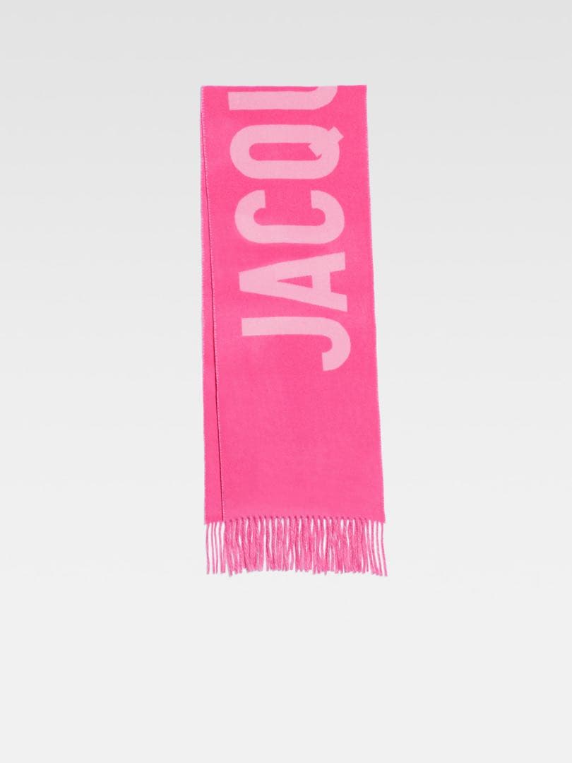 JACQUEMUS ピンク フリンジロゴマフラー　ウール　ジャックムス